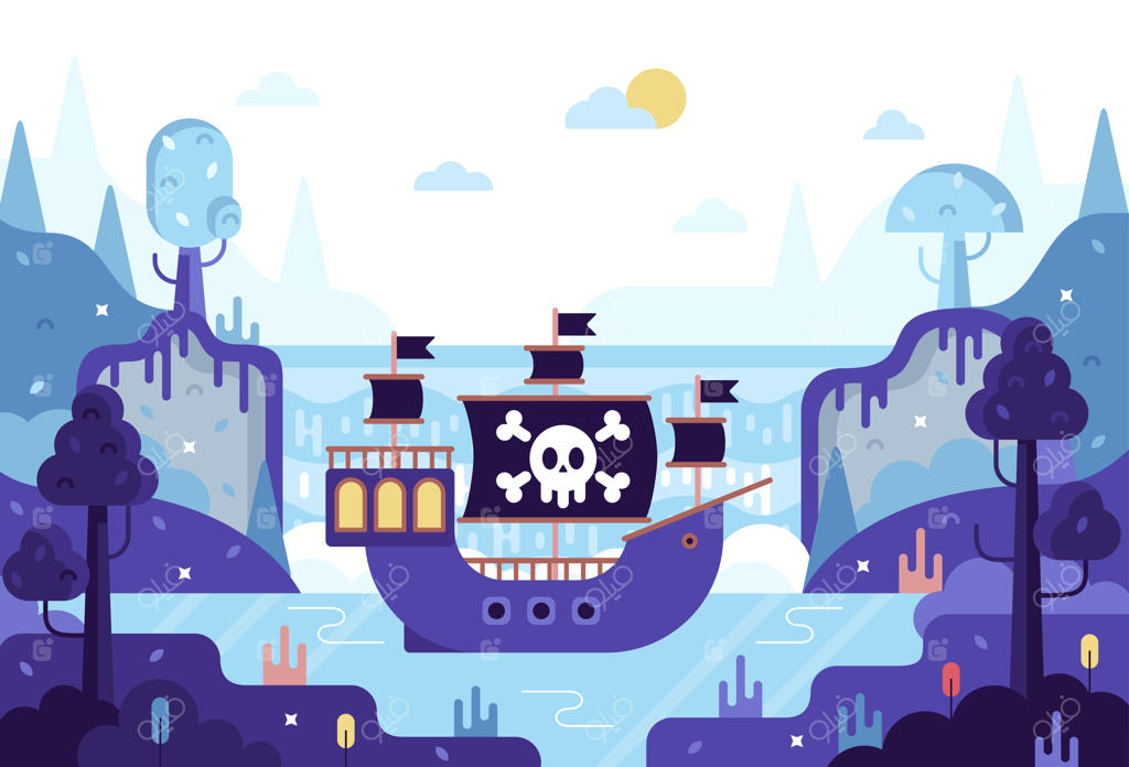 کشتی با پرچم دزدان دریایی در خلیج - تصویر کارتونی به سبک بازی