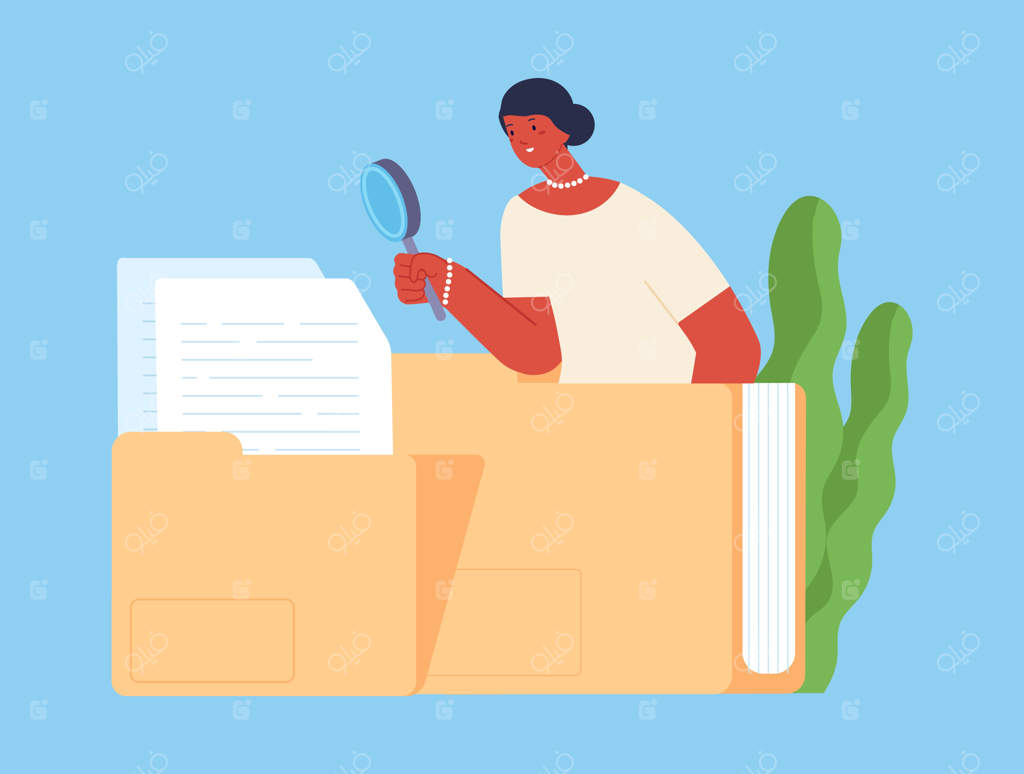 زن اداری در جستجوی پرونده‌ها: دختر با ذره‌بین نگاهی به اطلاعات دارد - مدیر منابع انسانی یا زن کاری - مفهوم ایمنی داده‌ها و اطلاعات