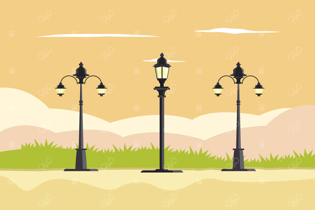 چراغ‌های باغی خطی. مفهوم نیمکت پارک. تصویرسازی رنگی و مدرن