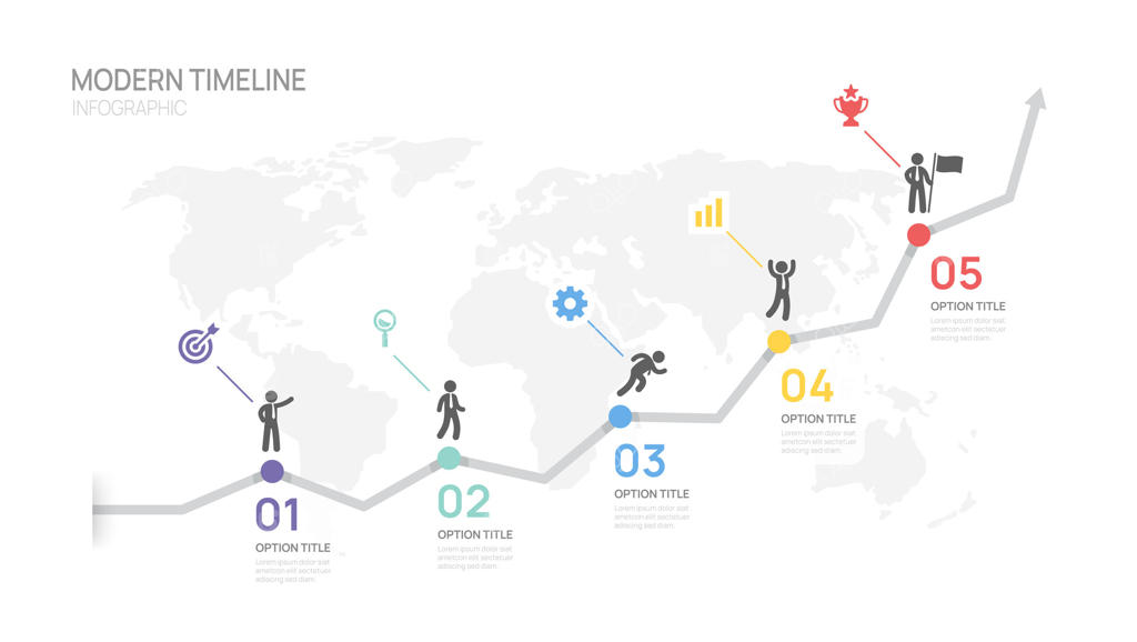 نماد خط پیکان در تایم‌لاین اینفوگرافیک‌ها برای کسب‌وکار جهانی؛ قالب ۵ گام تا موفقیت.