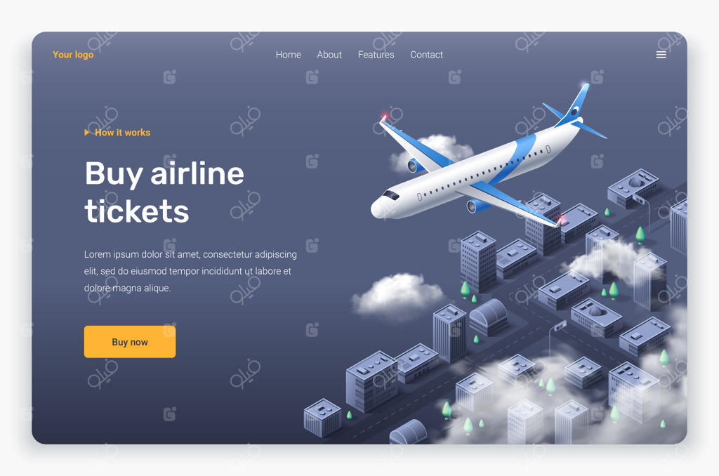 هواپیمای ایزومتریک پرواز و ابرها در بالای شهر - قالب صفحه فرود