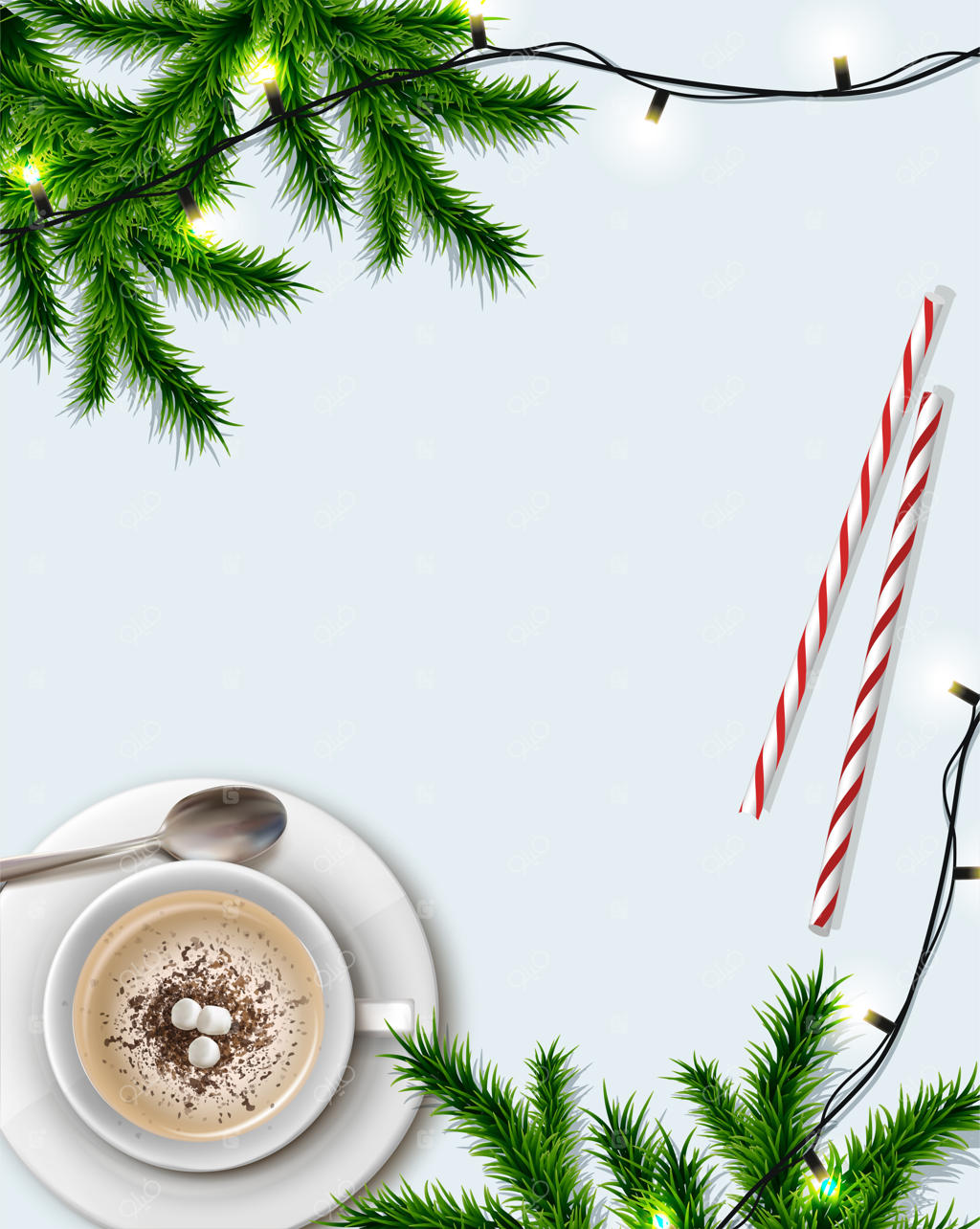 بنر واقعی وکتور: زمینه تعطیلات با دکوراسیون میز، چراغ‌ها و فنجانی از شکلات داغ