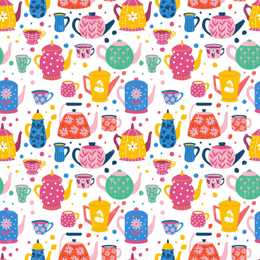 پترن چاپ یکپارچه فنجان‌های دودل با طرح کارتونی فنجان‌های قهوه، چای و نوشیدنی‌ها وکتور با مجموعه فنجان‌ها