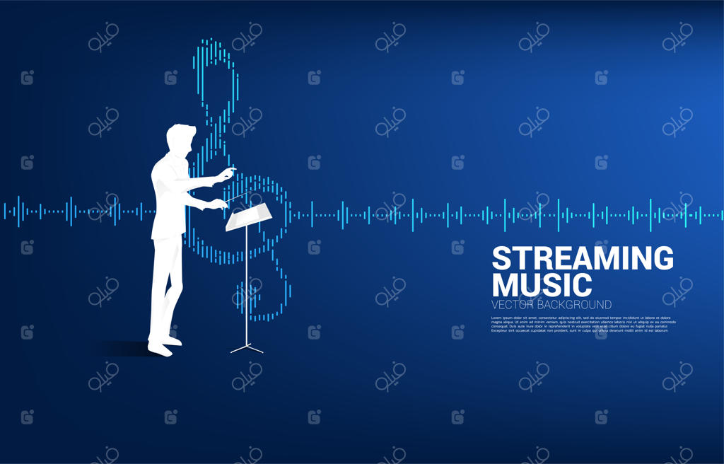 رهبر ارکستر با موج اکولایزر به شکل نت موسیقی.