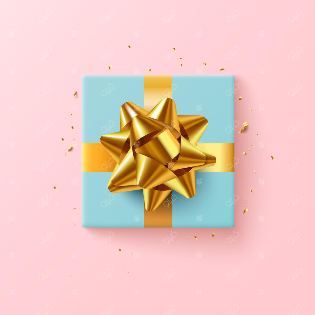 جعبه هدیه آبی با روبان طلایی