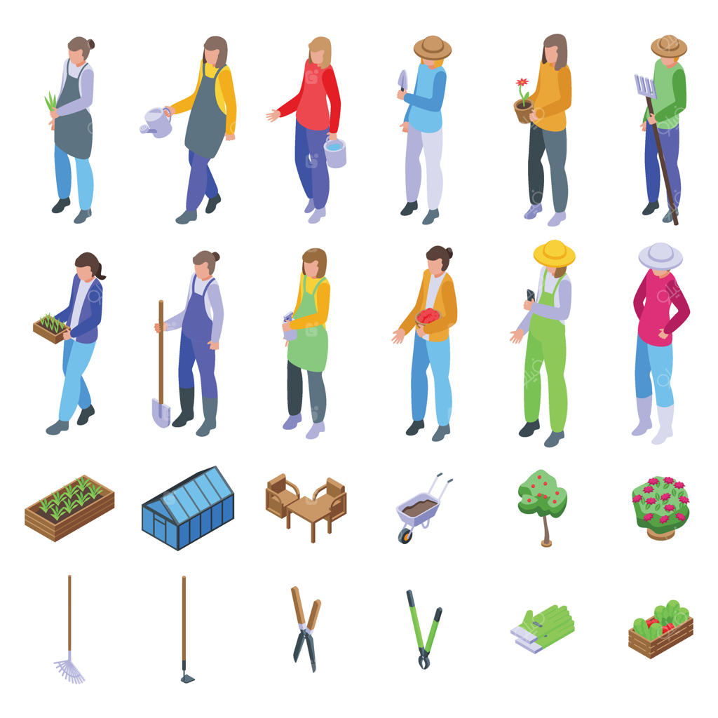مجموعه آیکون‌های زن باغبان - ایزومتریک وکتور. طبیعت بهاری