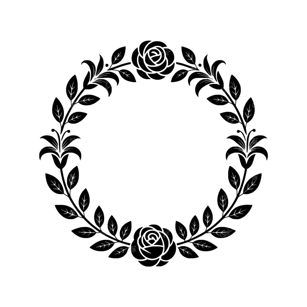 شکوفه‌ای زیبا و متقارن از یک تاج گل شامل گل‌های رز و برگ‌ها به صورت دایره‌ای روی زمینه‌ای ساده