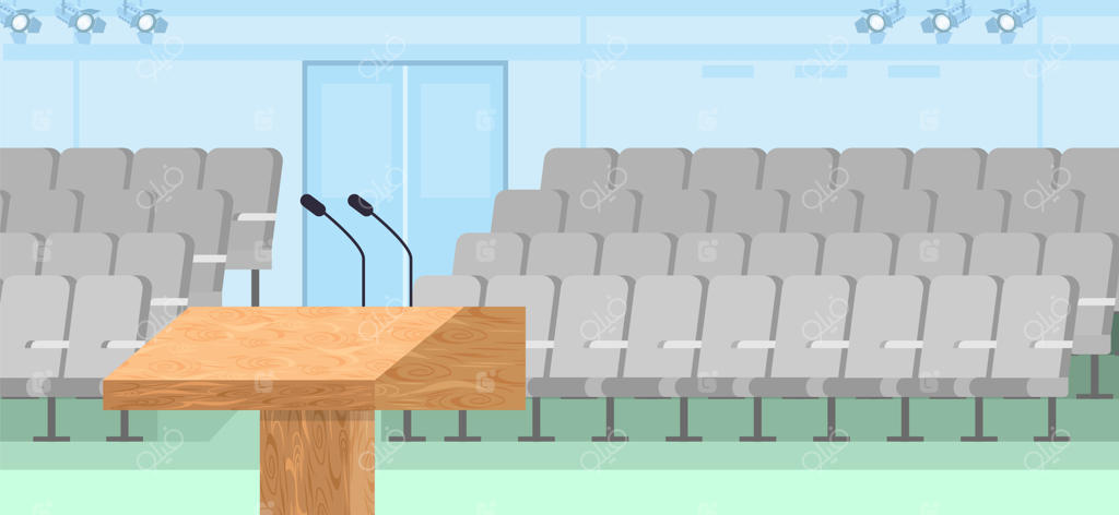 وکتور سالن کنفرانس خالی با صندلی‌ها و تریبون میکروفون‌دار؛ مناسب برای صحنه مناظره، سمینار و سخنرانی