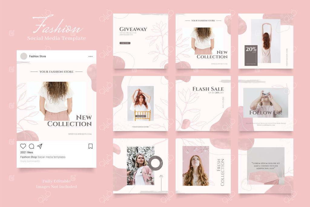 قالب بنر شبکه‌های اجتماعی برای تبلیغ حراج مد. پست قاب مربعی قابل ویرایش اینستاگرام و فیسبوک با طرح پازلی و رنگ صورتی برای فروش ارگانیک