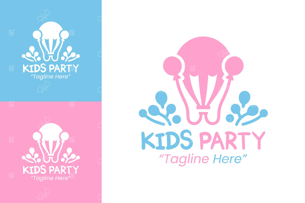 لوگوی شاد کودکانه به رنگ‌های آبی و صورتی برای برندینگ و بازاریابی جشن‌ها