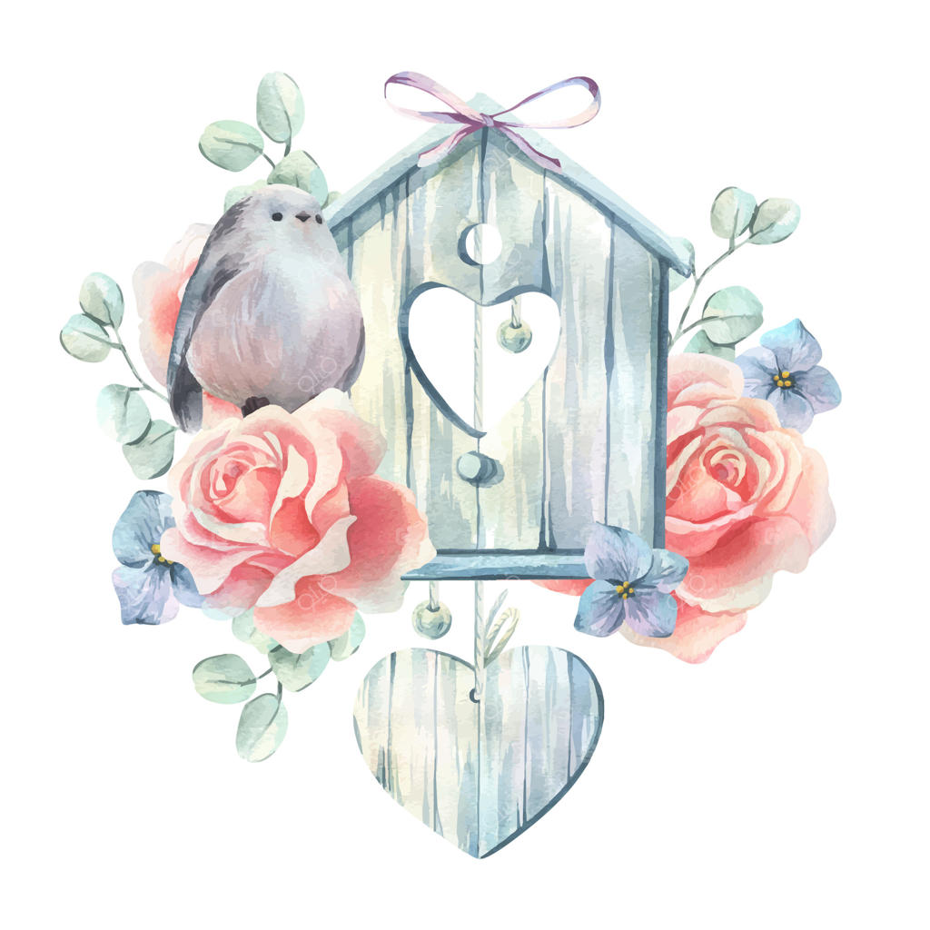 لانه چوبی پرنده با مرغ سینه‌سرخ، گل رز و هیدرانژا، اکالیپتوس، روبان و قلب آویز. نقاشی آبرنگ دست‌ساز به رنگ‌های ملایم. چیدمان بهاری جدا از پس‌زمینه