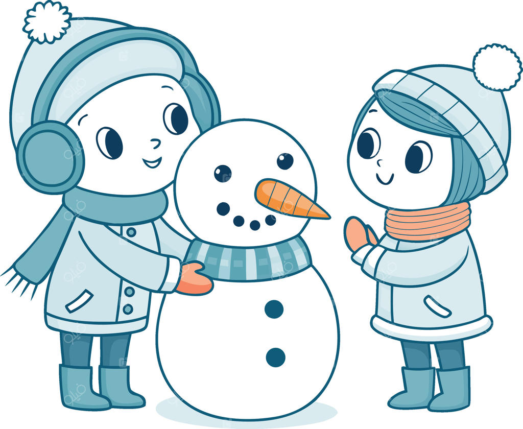 دو کودک شاد با لباس‌های زمستانی در حال ساختن آدم‌برفی با بینی هویجی، شال‌گردن آبی و چشم‌های زغالی