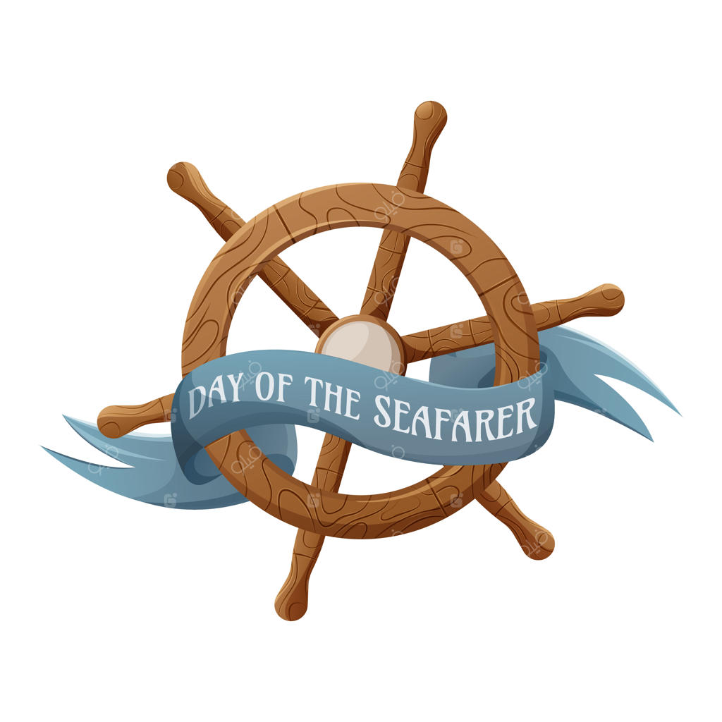 چرخ فرمان کشتی با روبان و متن "روز دریانورد" - تصویر وکتور