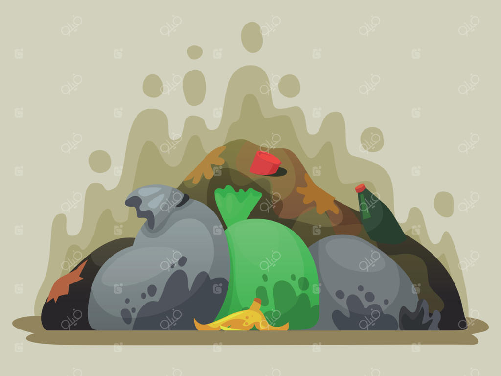 دانشگاه زباله: انبوهی از آشغال در کیسه‌های زباله، محل‌های دفن زباله شهری و کارتون تصویری از تل انباشت زباله‌ها.