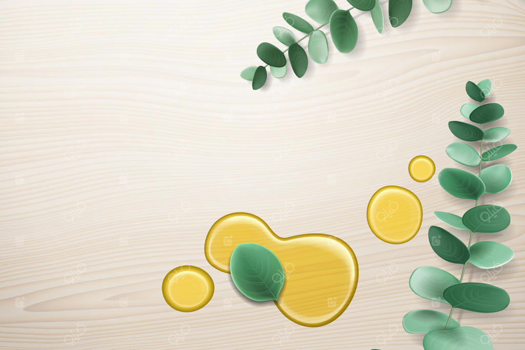 میز چوبی با شاخه اوکالیپتوس و لکه روغن