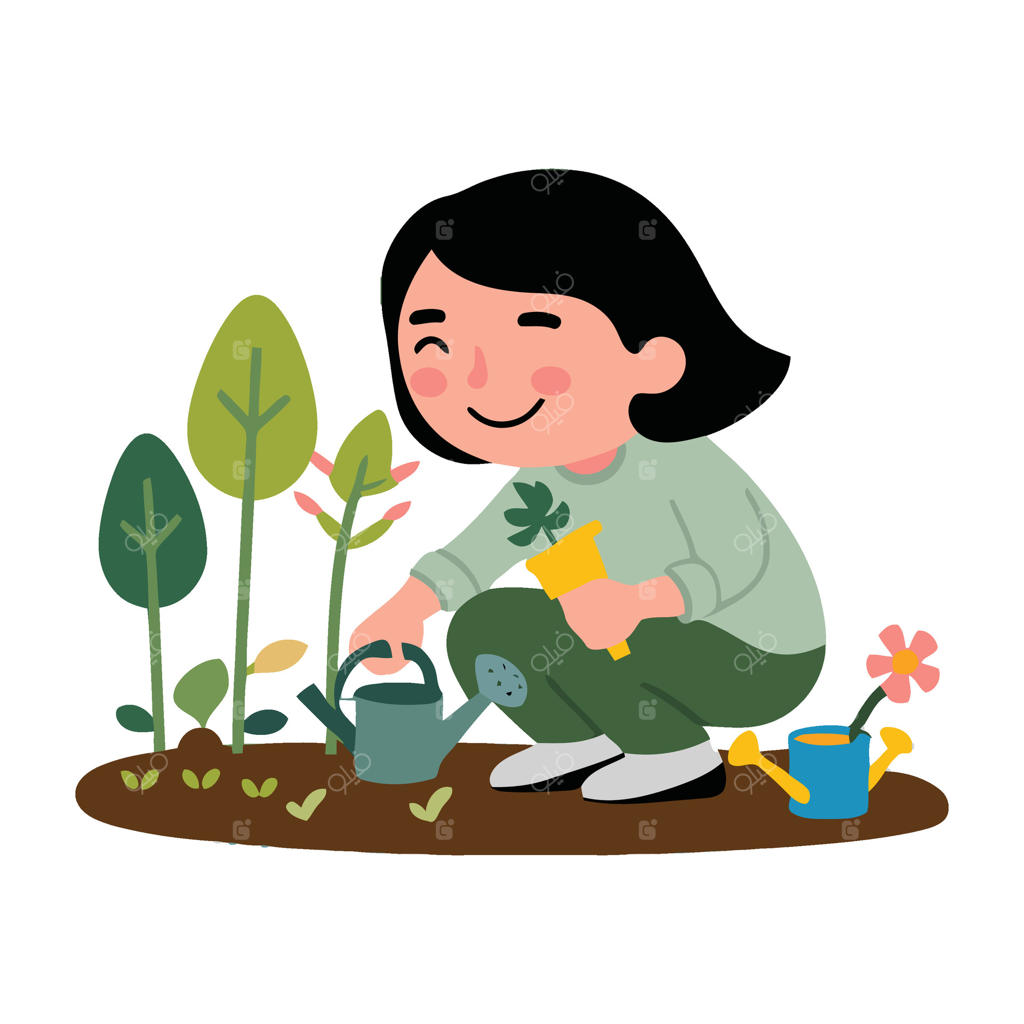 زنی در حال آبیاری گیاهان در باغچه است