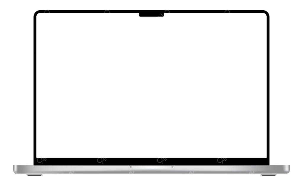 قالب موکاپ لپ‌تاپ مدرن با صفحه‌نمایش خالی و قاب مشکی. دستگاه نوت‌بوک با ناچ و تاچ‌پد نقره‌ای. تبلیغ و معرفی محصول.