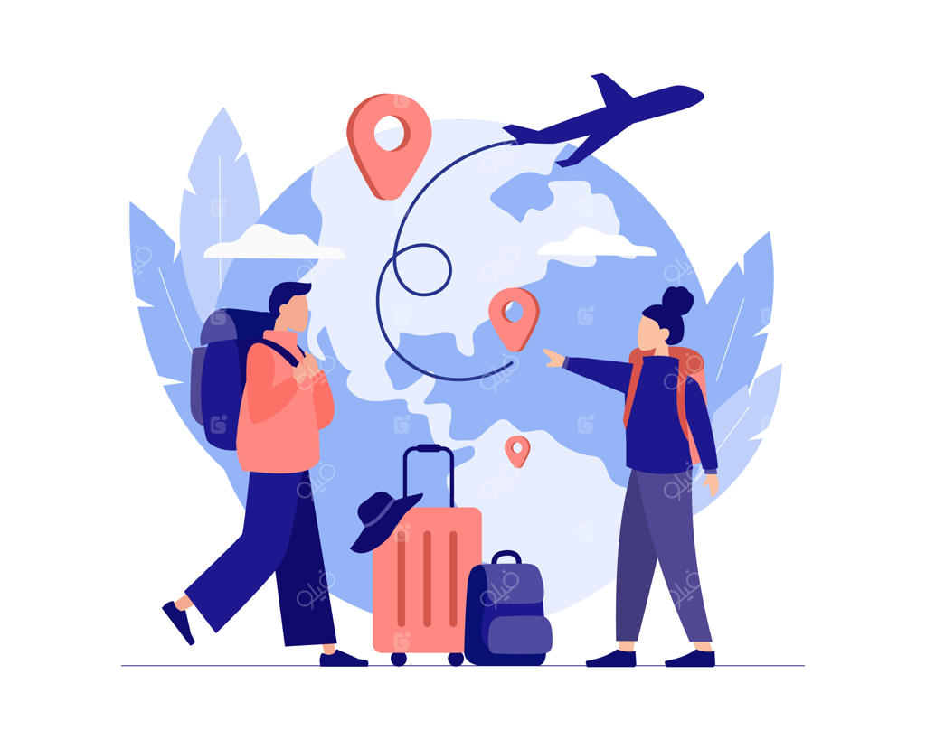 برنامه‌ریزی آنلاین سفر به دور دنیا توسط زوج؛ انتخاب بهترین مسیر تورهای خارجی آژانس مسافرتی - تصویرسازی وکتور رنگی به سبک فلت