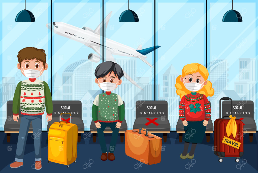 در صحنه ترمینال فرودگاه با مسافرانی که ماسک زده‌اند