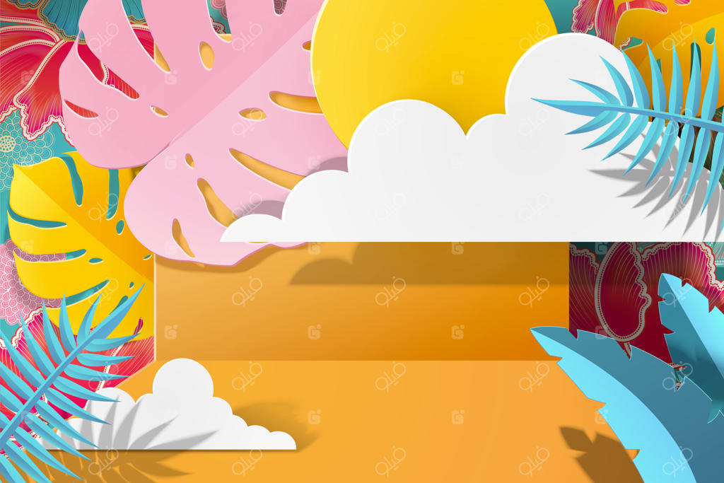 پس‌زمینه هنر کاغذی با شاخ‌وبرگ استوایی و خورشید در تون زرد و آبی، تصویرسازی سه‌بعدی