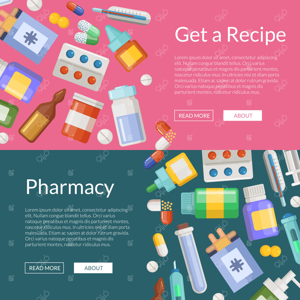 قالب‌های بنر و پوستر افقی داروخانه یا دارو با طرح کارتونی
