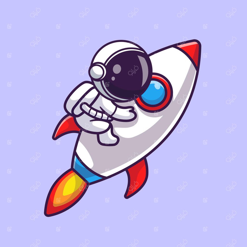 تصویر وکتوری کارتونی فضانورد سوار بر موشک. مفهوم آیکون فناوری علمی. وکتور پریمیوم ایزوله شده. سبک کارتونی تخت.