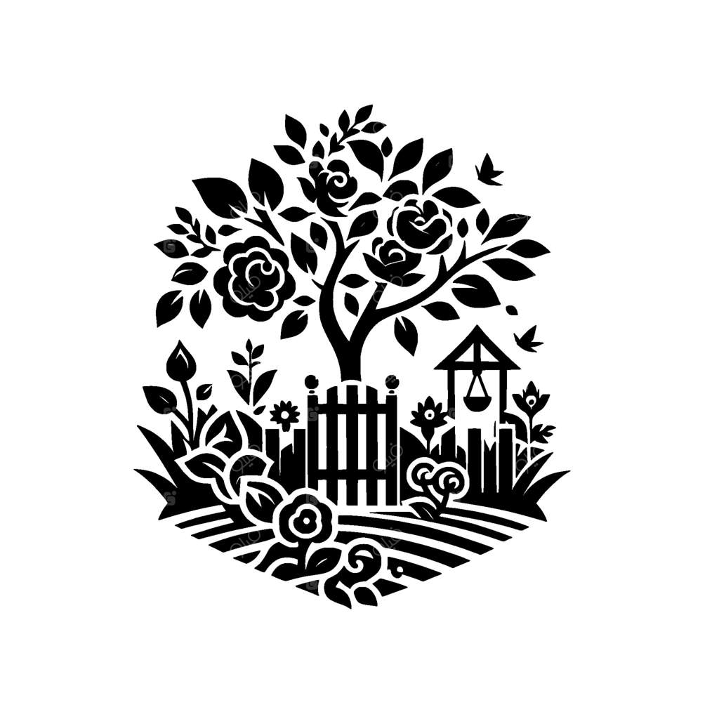 صحنه‌ی پیچیده‌ی باغ سیاه و سفید: درخت پر از رز، نرده چوبی، چاه، گل‌ها، پرندگان و زمینی راه‌راه درون یک بیضی.