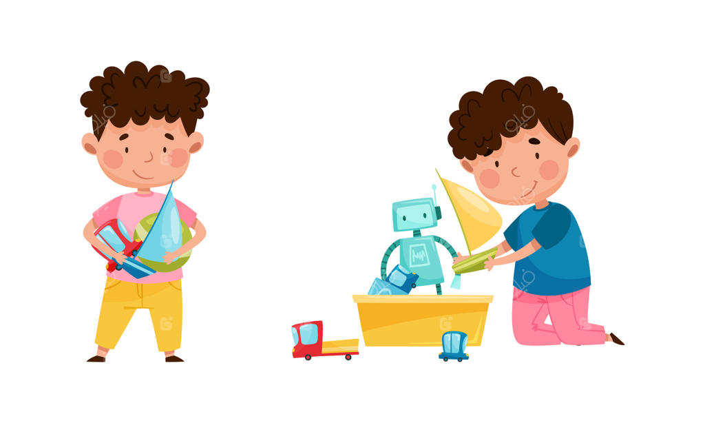 بچه‌های بانمک در حال بازی با ست اسباب‌بازی‌ها. پسرها در حال بازی با قایق بادبانی، ربات و ماشین - تصویر کارتونی