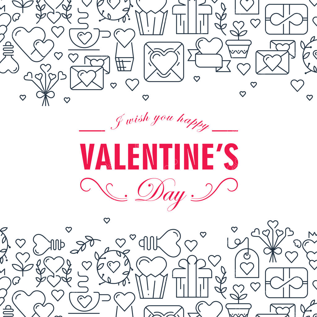 کارت تزئینی روز ولنتاین تک‌رنگ با المان‌های عاشقانه از جمله هدیه، تیر و کمان، قلب و پاکت نامه