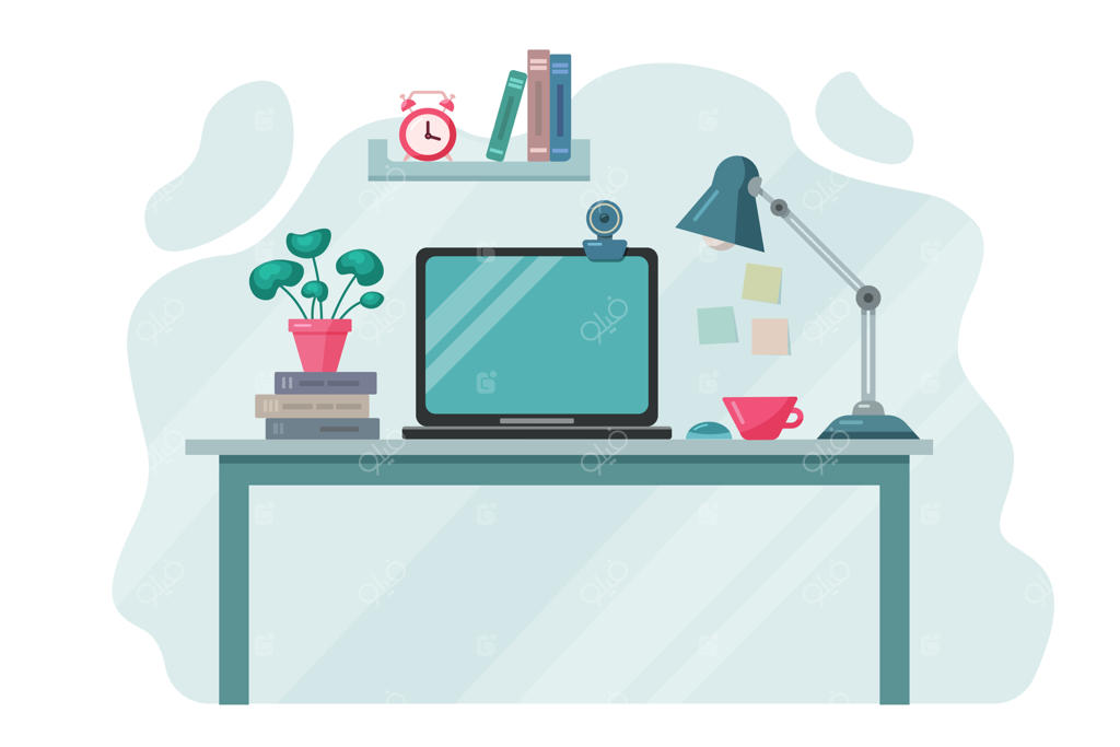 طراحی پس‌زمینه به سبک تخت از فضای کار مدرن - لپ‌تاپ روی میز همراه با لامپ، قهوه و کتاب‌ها در دفتر کار