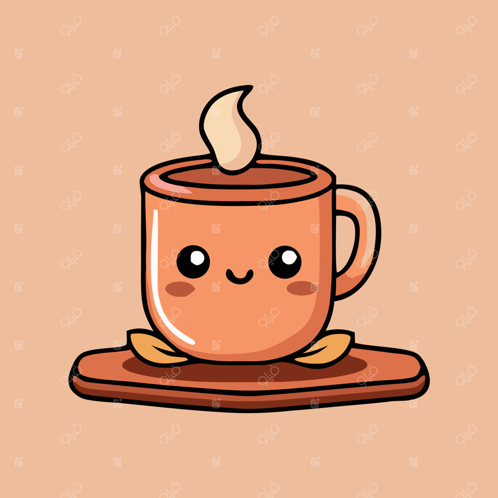 تصویر شخصیت کارتونی بامزه فنجان قهوه با خامه و برگ‌های پاییزی