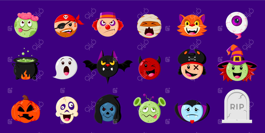 مجموعه ایموجی‌های تعطیلات هالووین، چهره‌های کارتونی هیولا