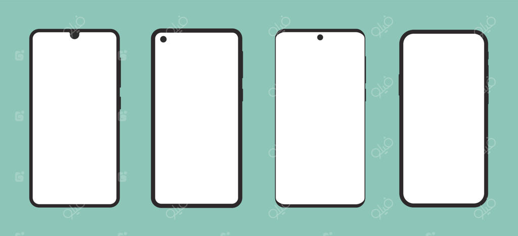 مجموعه مدرن گوشی‌های هوشمند: قالب ماک‌آپ تخت، تصویرسازی گجت‌های تکنولوژی با نمایشگر لمسی و دوربین