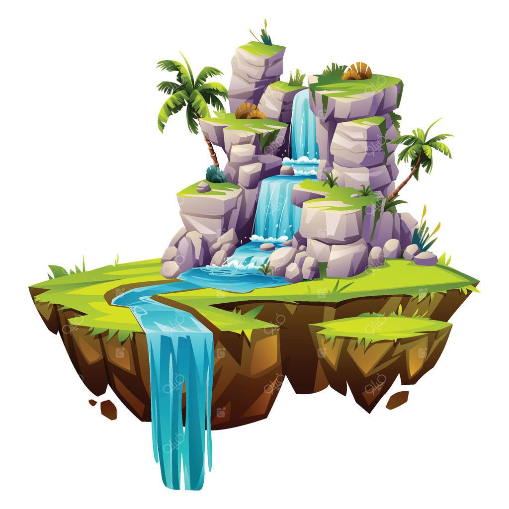 جزیره شناور استوایی با آبشار سنگی و نخل‌ها - تصویر کارتونی