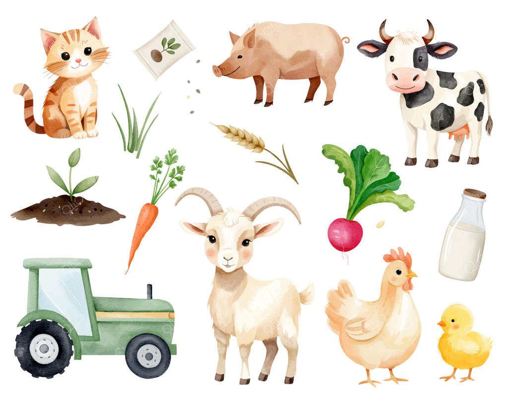 مجموعه آبرنگی از عناصر زندگی در مزرعه: حیوانات مزرعه، تراکتور، سبزیجات، شیر، گربه، گاو، خوک، بز، مرغ و جوجه.