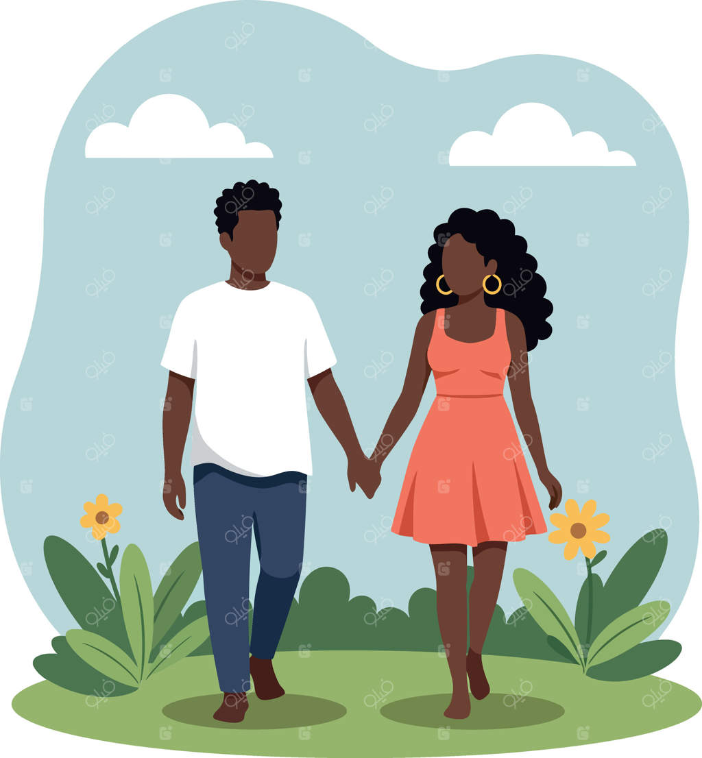 زوجی دست در دست قدم‌زنان در باغی پرطراوت (تصویرسازی ساده)