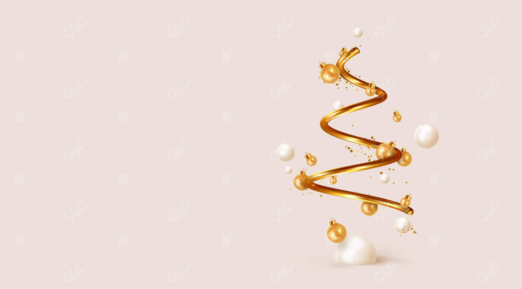 طراحی مینیمالیستی کریسمس، درخت مارپیچی فلزی طلایی با توپ‌های زینتی واقعی. اشیاء سه‌بعدی تزئینی کریسمس. پس‌زمینه کریسمس و سال نو. تصویر برداری