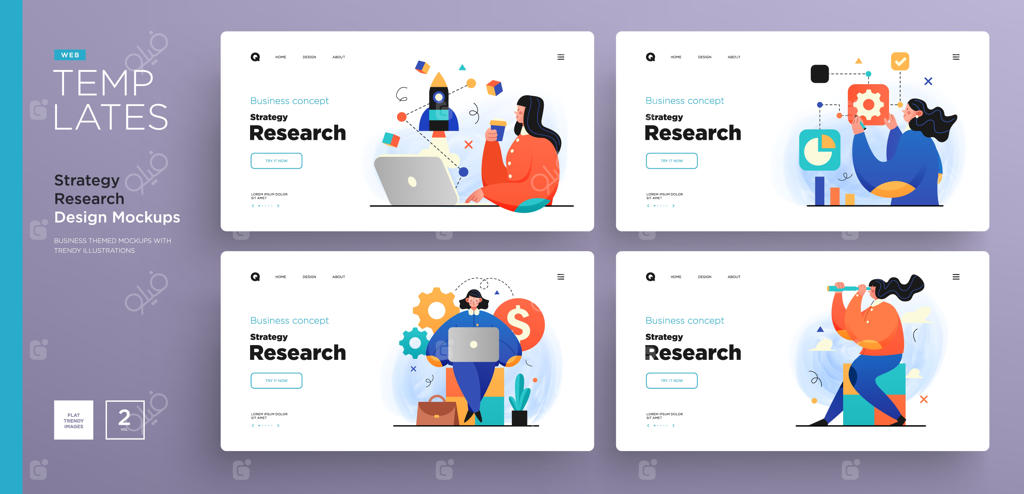 طراحی قالب‌های وب‌سایت با چیدمان صفحات و تصاویر مدرن تجاری