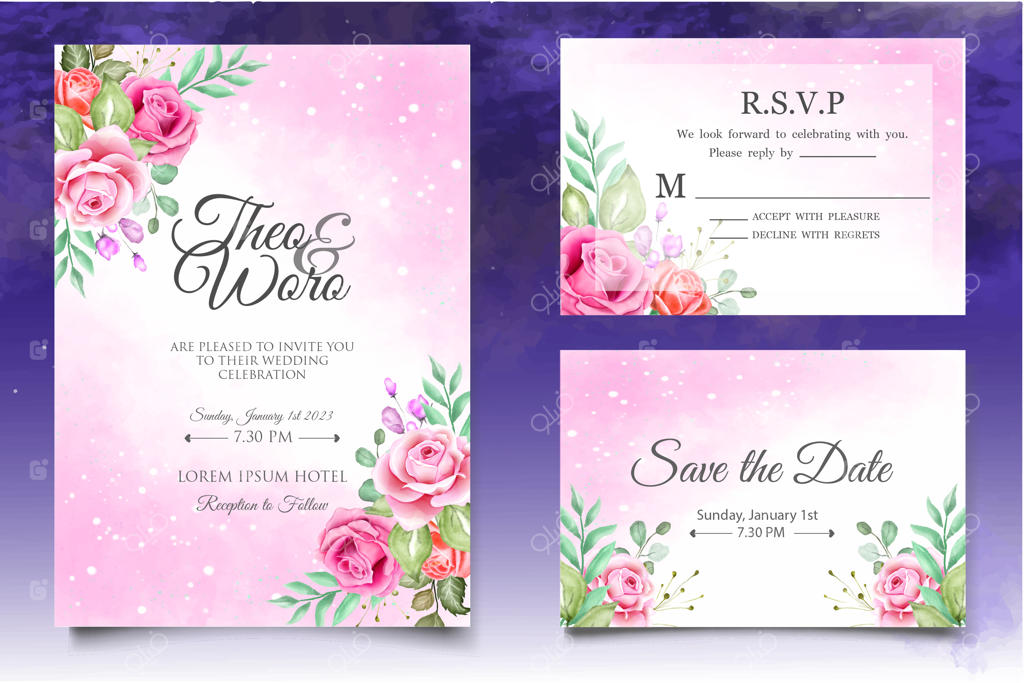 پترن کارت دعوت عروسی با طرح آبرنگی از گل‌ها و برگ‌ها