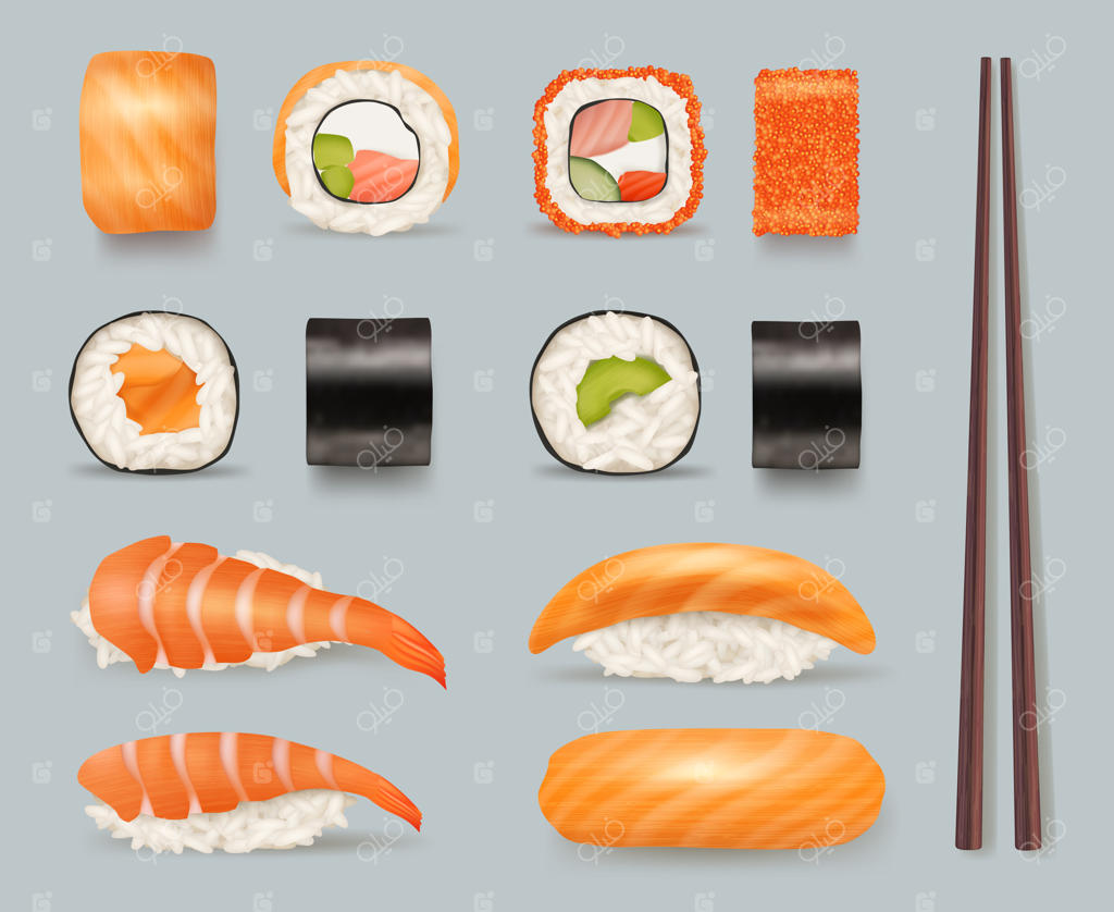 سوشی غذا: محصولات خوشمزه دریایی آسیایی از رول‌های ماهی، برنج و سس سویا در آشپزی آسیایی. چوب‌های غذاخوری، تصاویر واقعی و شیک، پترن گرافیکی - تصویرسازی سوشی و غذاهای دریایی، جلبک دریایی آسیایی.