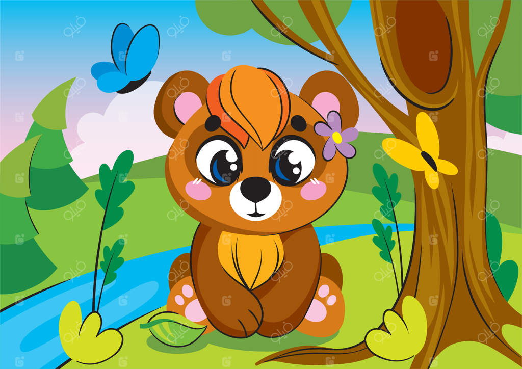 خرس کوچولو زیر درخت کنار رودخانه نشسته است