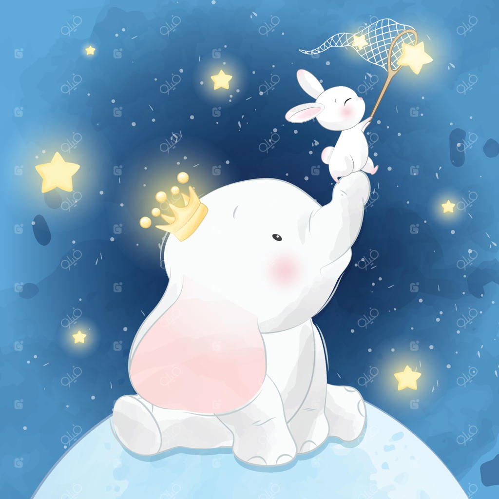 تصویرسازی فیل بامزه و خرگوش روی ماه