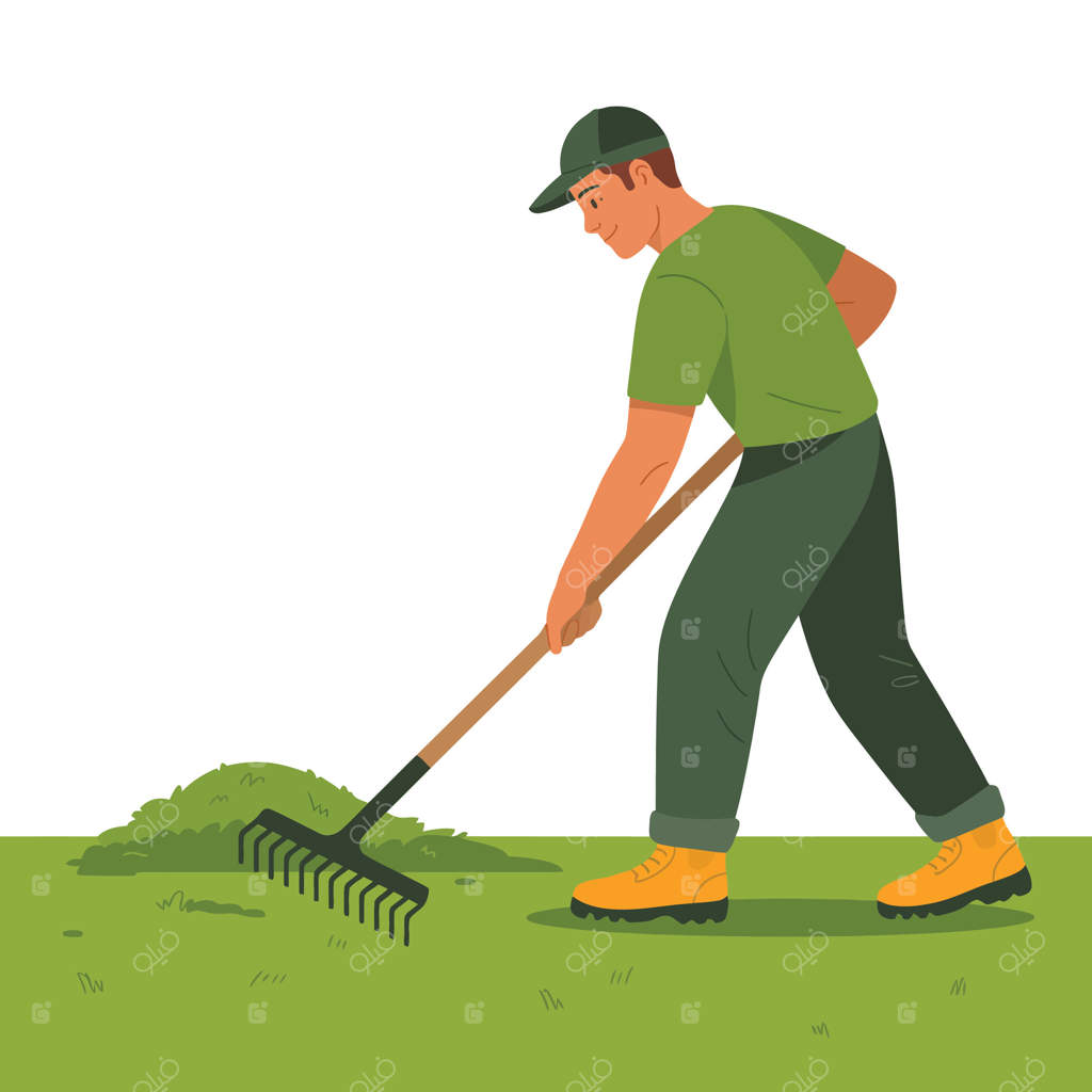 مردی با بیل و شن کش در باغچه