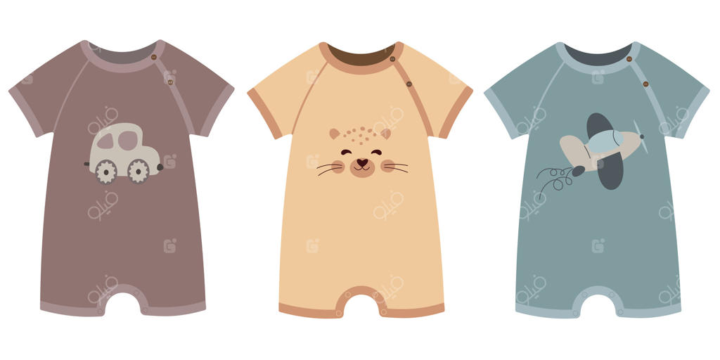 لباس نوزادی وکتور یک‌تکه آستین‌کوتاه با طرح کارتونی - سبک تخت