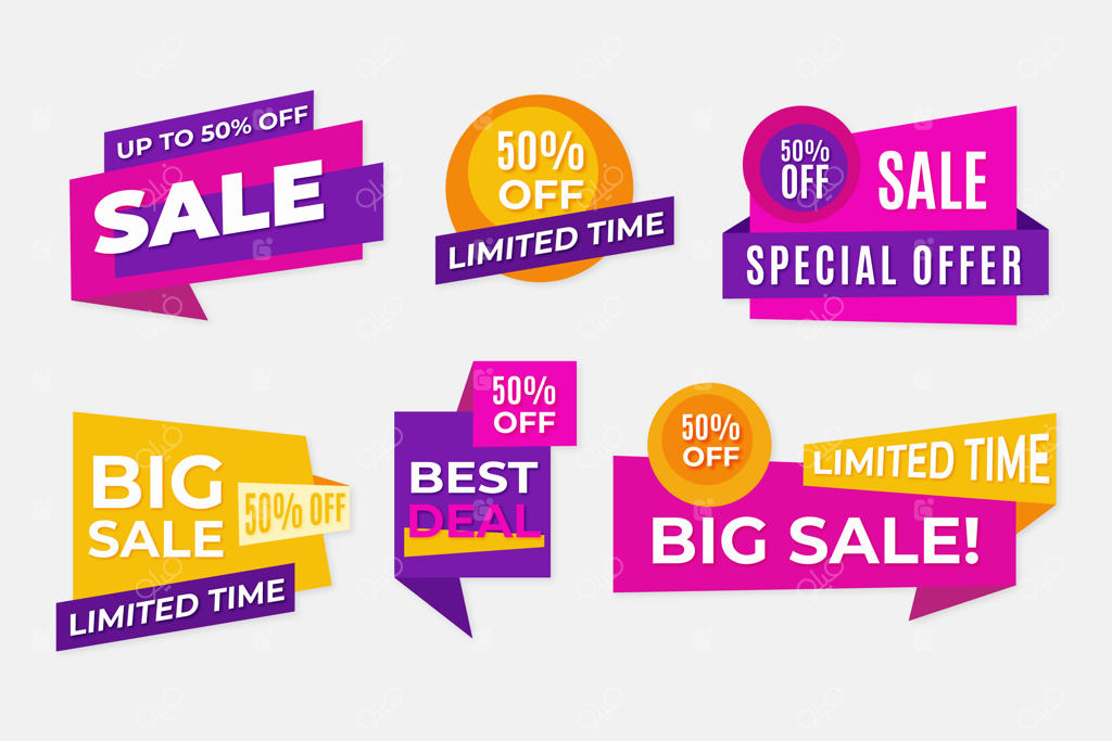 بنرهای حراج روبان هندسی به رنگ‌های بنفش و زرد