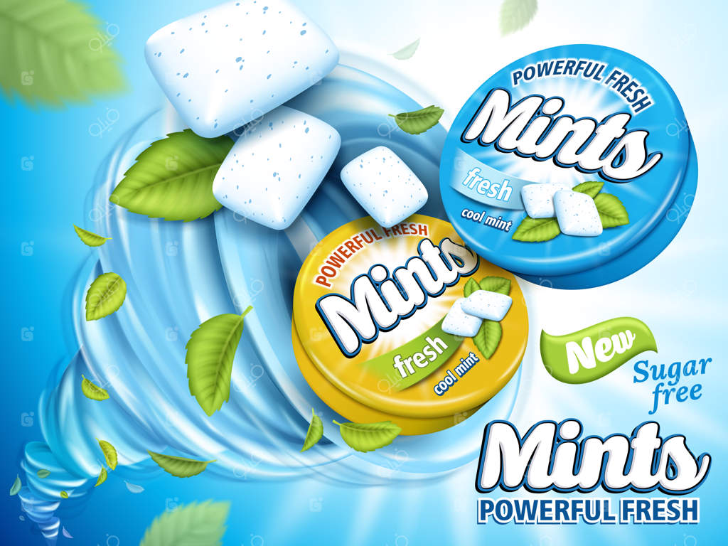 آدامس با طعم نعنا در جعبه‌های آبی و زرد، زمینه‌ی آبی روشن، تصویرسازی