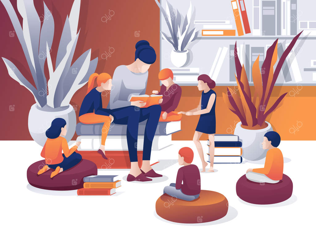 زنی کارتونی کتاب می‌خواند، کودکان در کتابخانه گوش می‌دهند