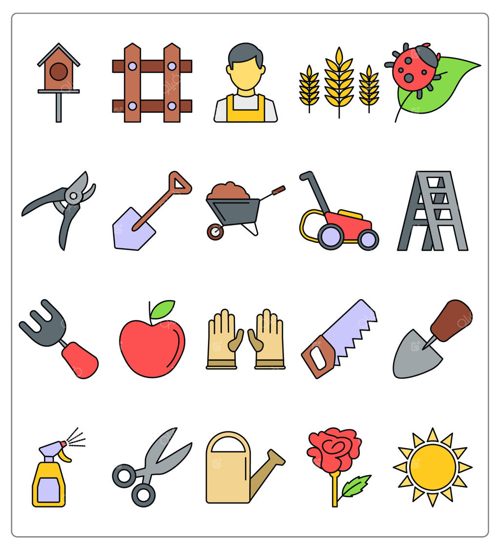 مجموعه‌ ای از ۲۰ آیکون ابزار باغبانی شامل خانه‌ی پرنده، حصار و باغبان