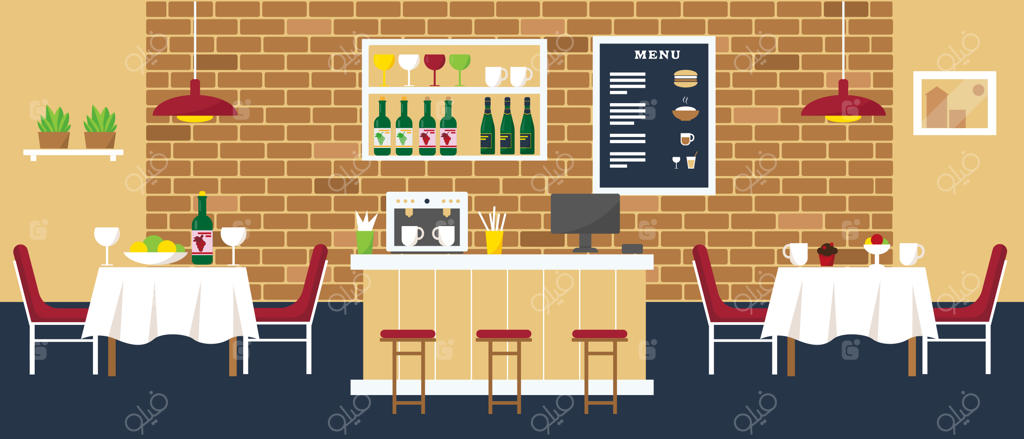 کافه یا رستوران دنج با بار، قهوه‌خانه و میزها - تصویر داخلی.