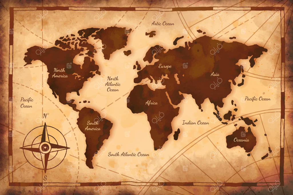 تصویرسازی نقشه قدیمی جهان با آبرنگ